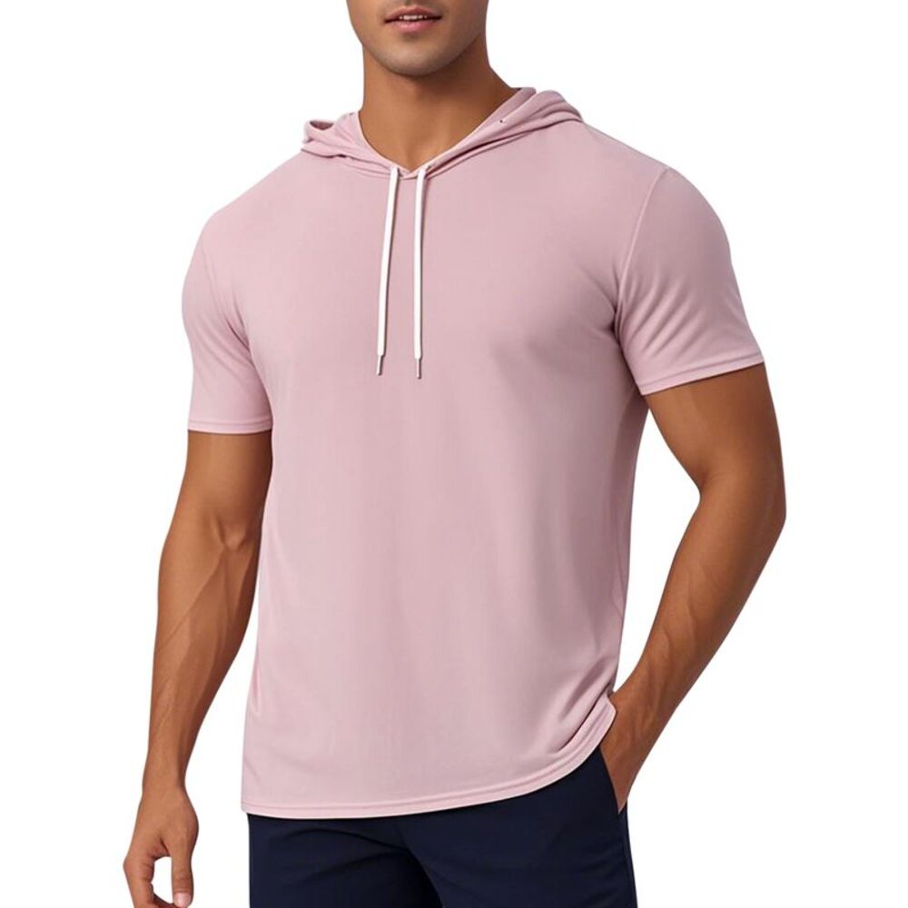 Short Sleeve Athletic Workout Pullover Drawstring Hooded T-Shirts Pink